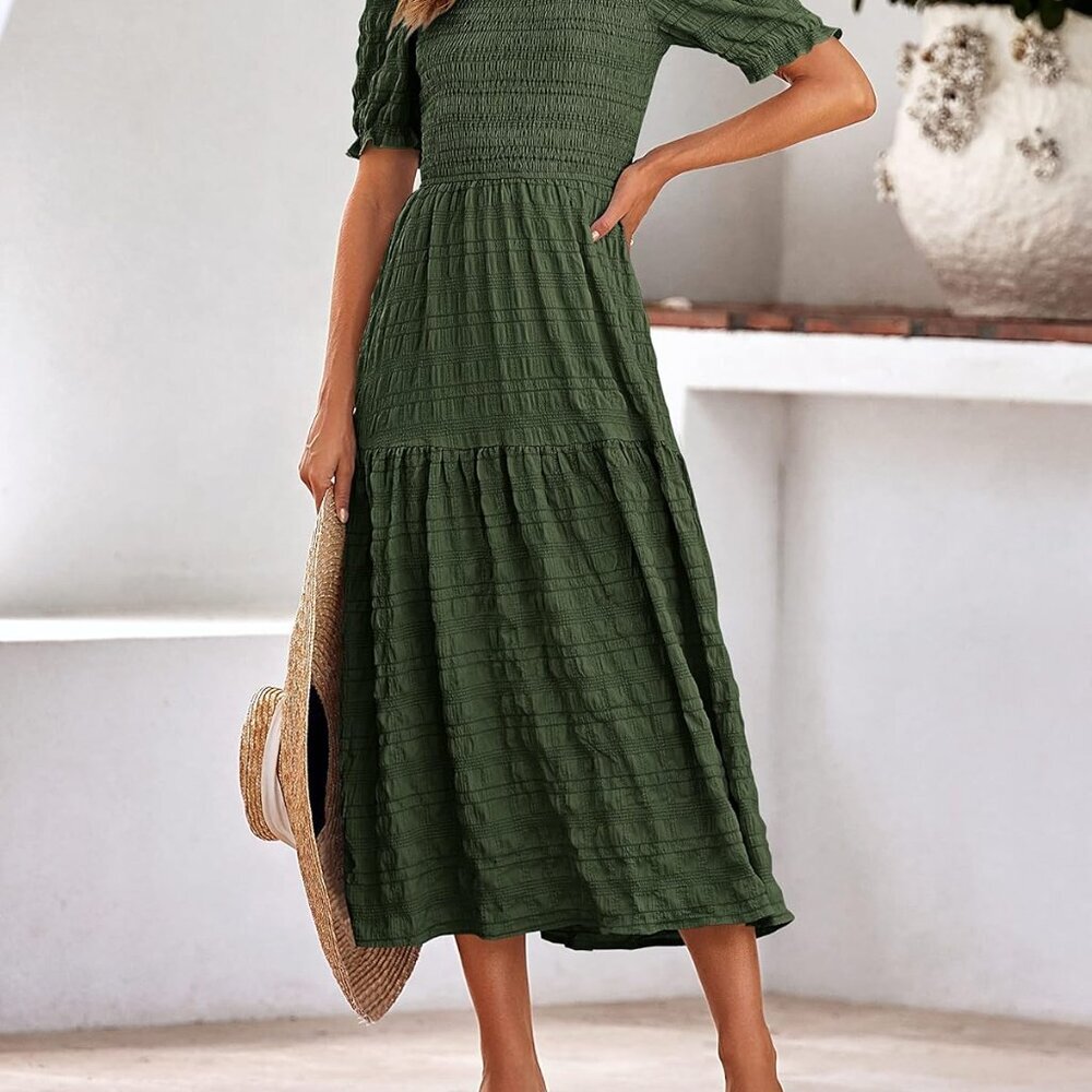 Womens Summer Dresses 2025 Casual Puff Short Sleeve Crewneck Smocked Flowy Ruffl - Picture 3 of 7